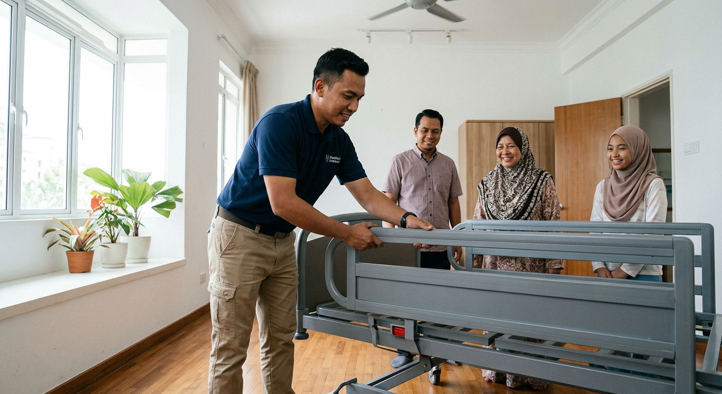 Pasukan Ibnu Sina Care memasang katil hospital di rumah pelanggan
