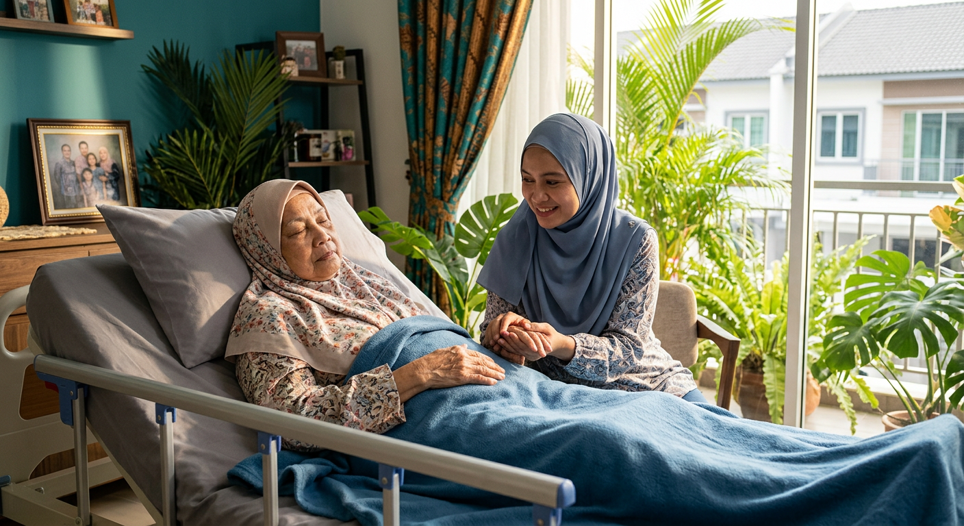 Anak perempuan Melayu menjaga ibu yang rehat di katil hospital di rumah