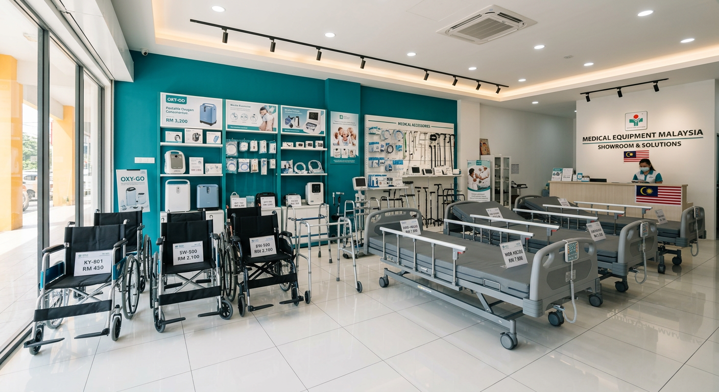Showroom Ibnu Sina Care dengan katil hospital, kerusi roda dan peralatan perubatan